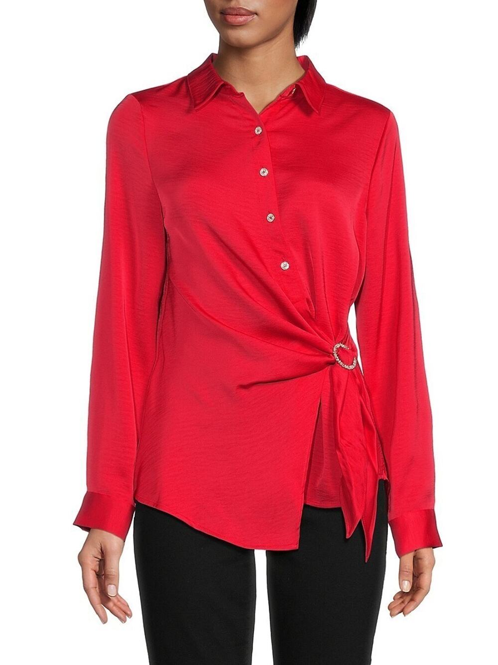 Karl Lagerfeld Paris Top Womens XS Red Long Sleeve Surplice Ring Blouse Boho NWT